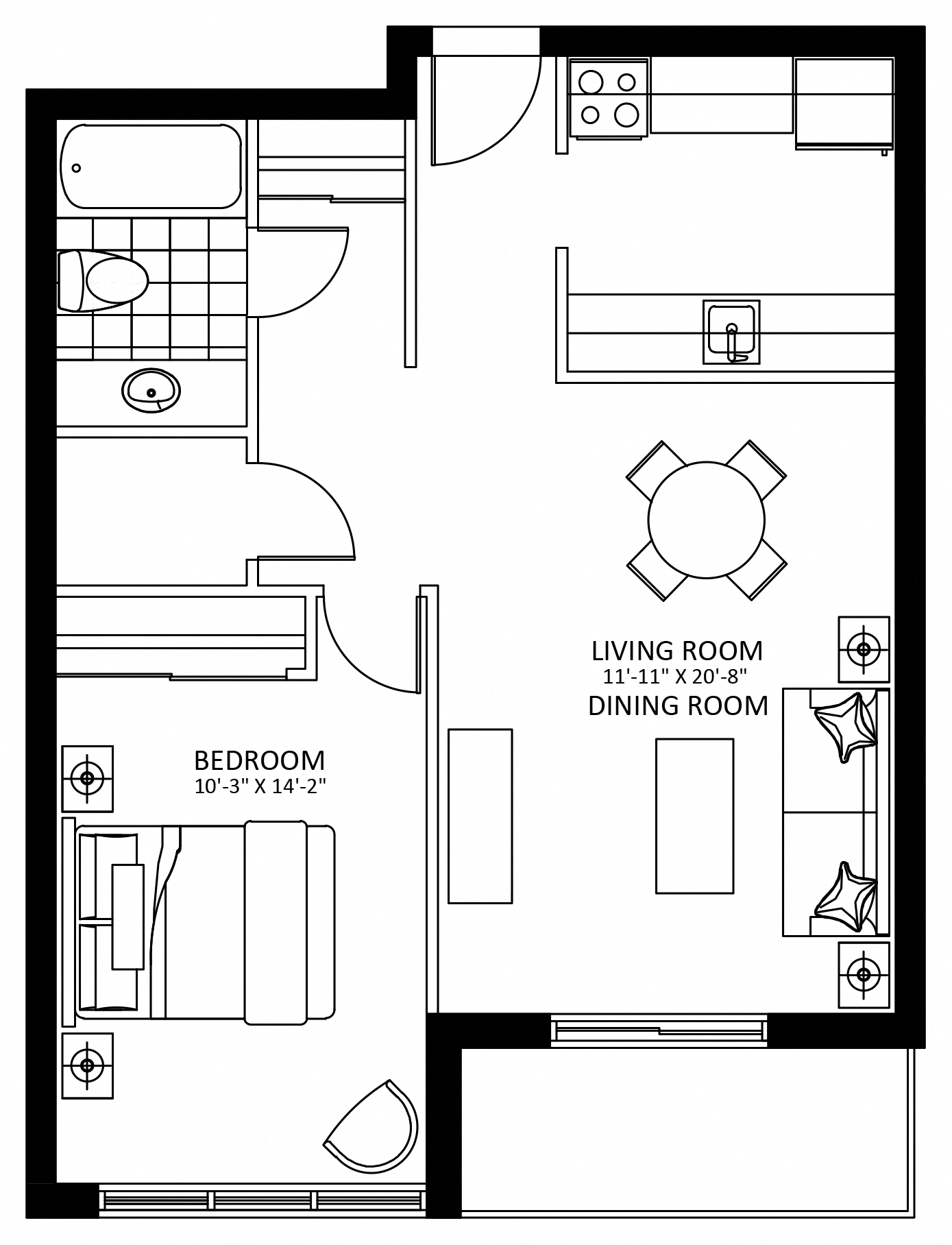 Floor plan for 1 bed, 1 bath, 651 sqft